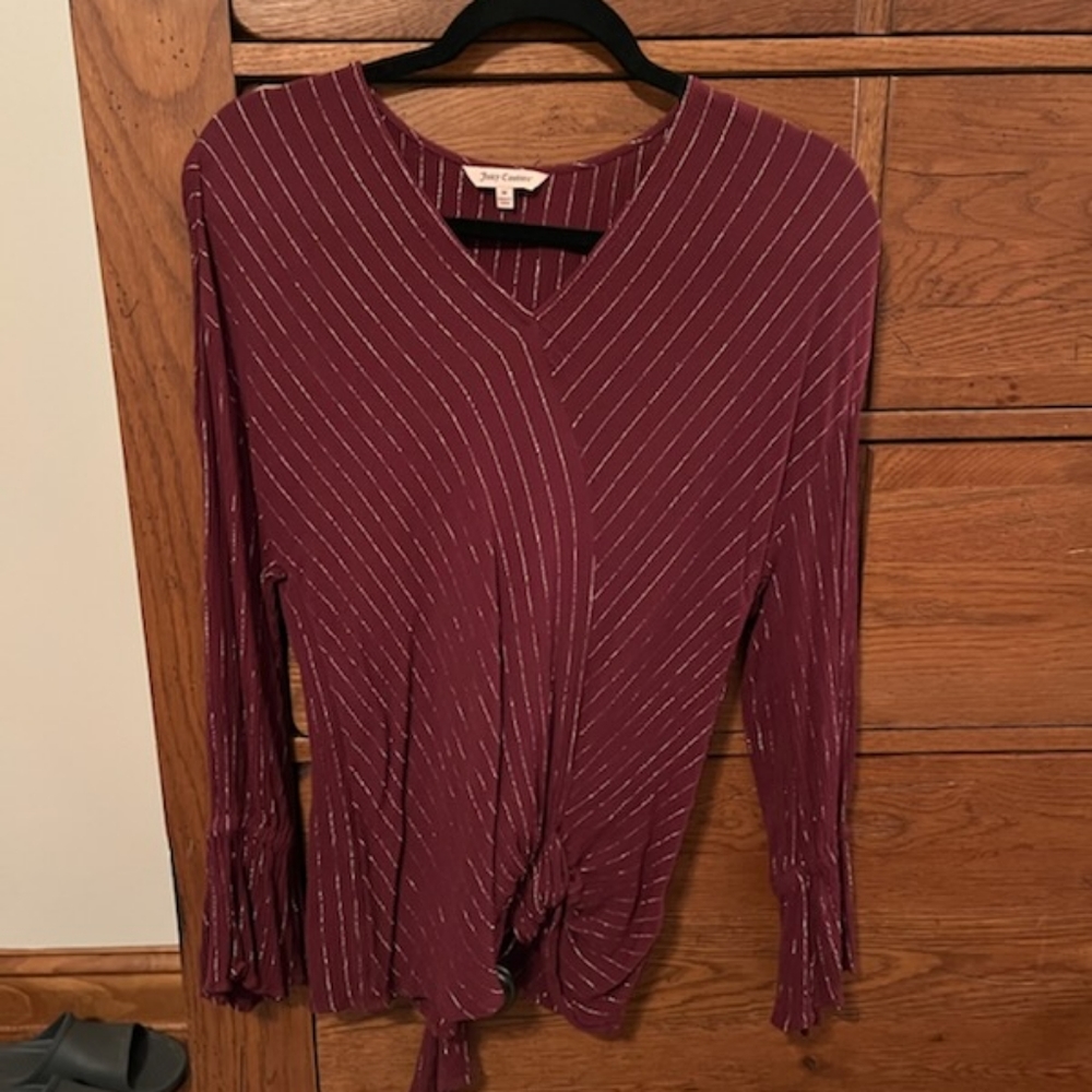 Juicy Couture Maroon Long Sleeve Top with Silver Stripe and Scrunch Detail (M)
